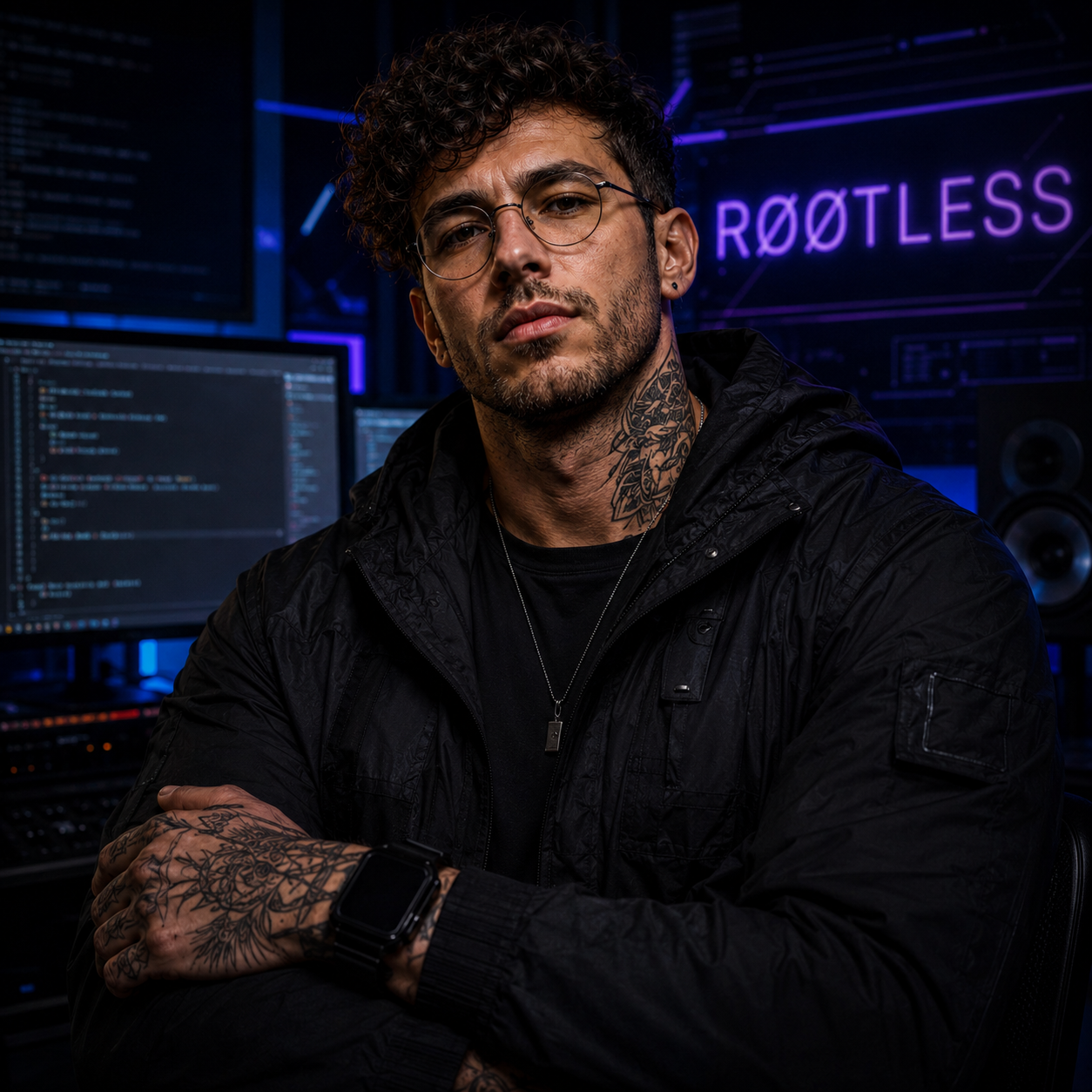 Avatar cyberpunk de RØØTLESS, artiste tech-rap français
